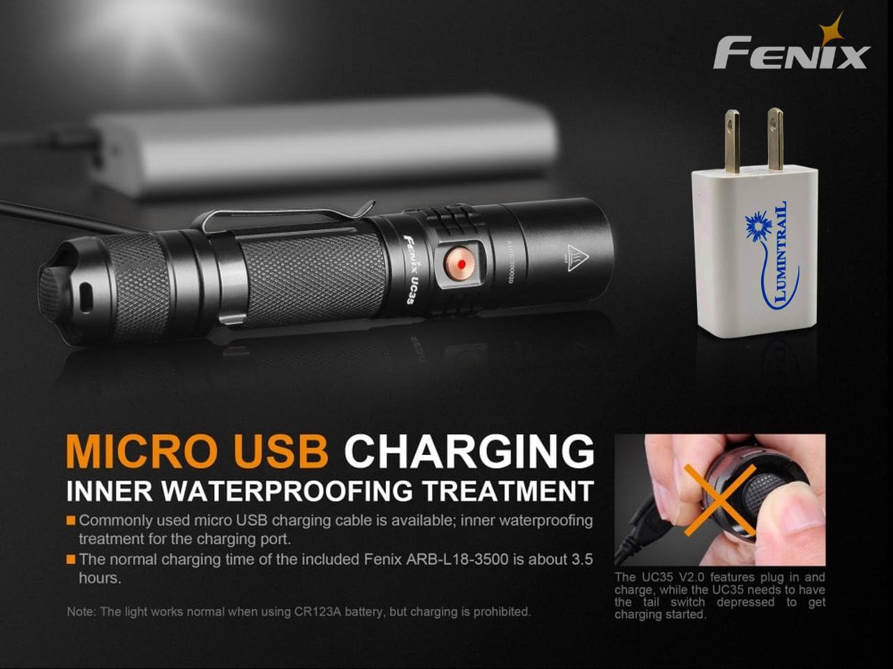 Lumintrail Fenix UC35 V2.0 Rechargeable Tactical Handheld LED Flashlight 1000 Lumens USB Wall Plug