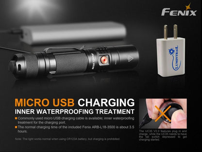 Lumintrail Fenix UC35 V2.0 Rechargeable Tactical Handheld LED Flashlight 1000 Lumens USB Wall Plug
