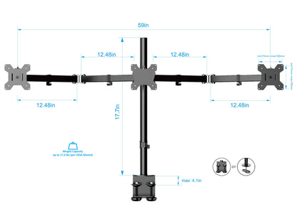 Rocelco Premium Triple Monitor Desk Mount - Standard Pattern Fits 13" - 27" LED LCD Flat Computer Screen - Three Articulated Full Motion Adjustable Arms - Grommet and C Clamp - Black (R DM3)