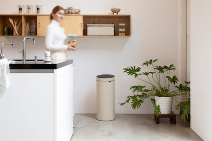 Brabantia Press-Top Kitchen Trash Can | Soft Beige | 8 Gallon / 30L | Home Trash Can with Soft-Touch Stay-Open Lid & Removable Inner Bucket | + Trash Bags