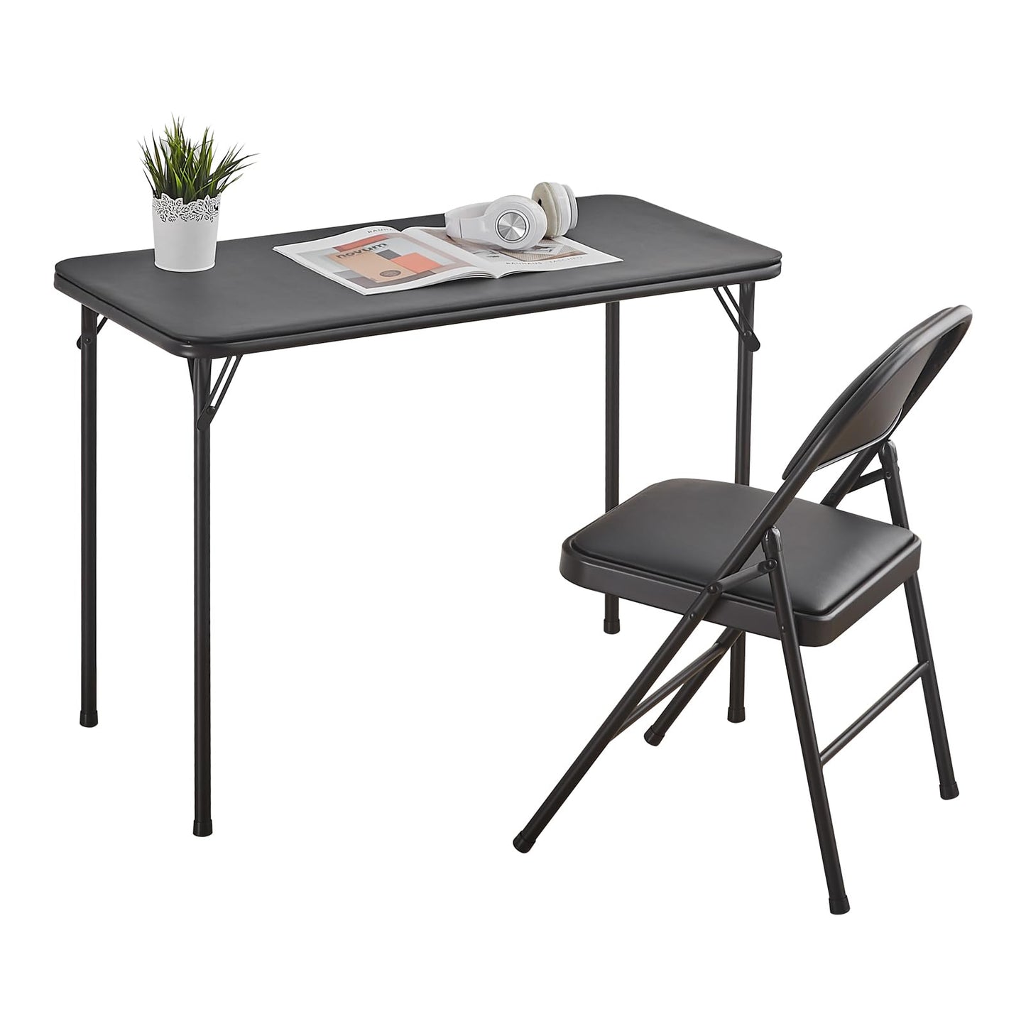 BOOSDEN Foldable Table and Chair Set, Folding Card Table and Chairs, Portable Table with Chairs for Indoor Outdoor, Tables Chair Set Space-Saver for Dining, Game, Camping, Apartment, 2 Pack, Black