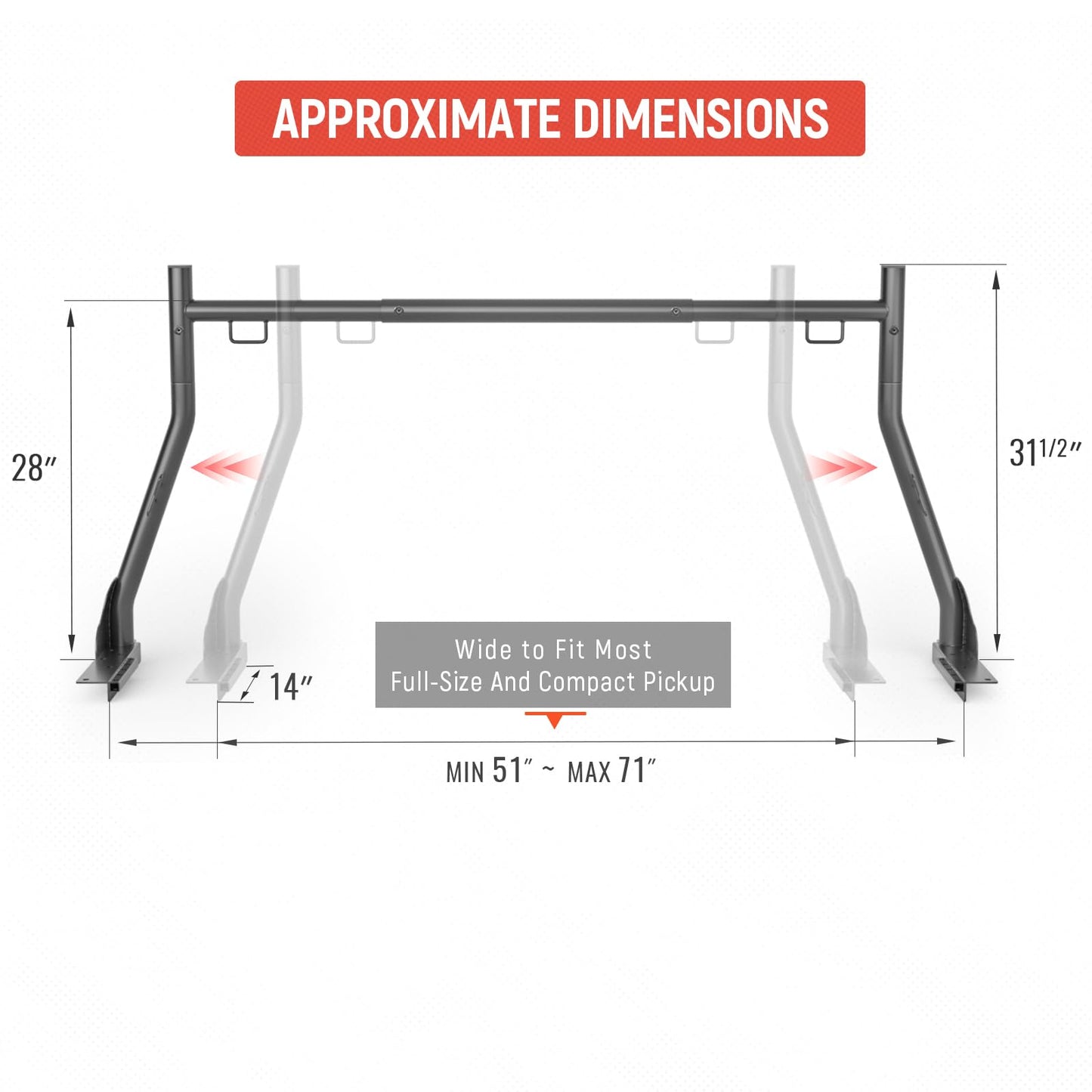 AA-Racks Model X31-J Truck Ladder Rack 800Ibs Capacity with (8) Non-Drilling Z-Clamps Extendable Steel Pick-Up Truck Bed Ladder Rack Two-bar Set - Black