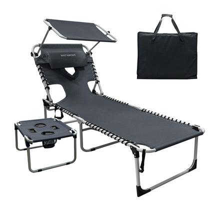 WKFAMOUT Outdoor Tanning Chair with Sun Canopy Shade & Face Hole, Folding Lounge Chair with Beach Table and Carry Bag for Poolside Sunbathing Lawn