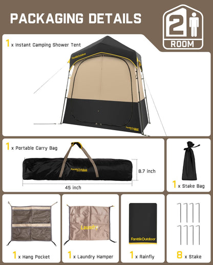 FanttikOutdoor Zeta A2 Pro Shower Tent 2 Rooms, Portable Privacy Shelter for Shower & Dressing, Instant Setup in 60 Seconds with Rainfly & Windproof, Ideal for Camping & Hiking, Fishing, Beach