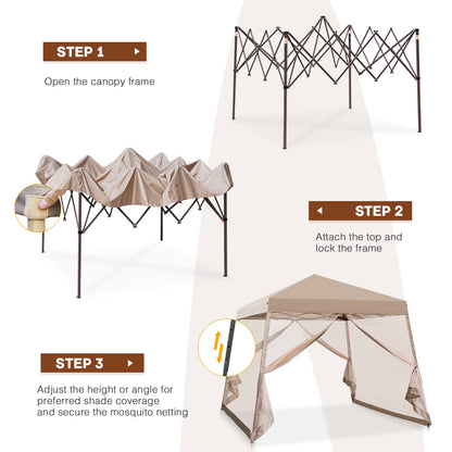 INTER HUT 10x10 Pop Up Canopy Tent, Slant Leg Instant Screened Gazebo with Mesh Walls, UV Protection, Water Resistant, Beige