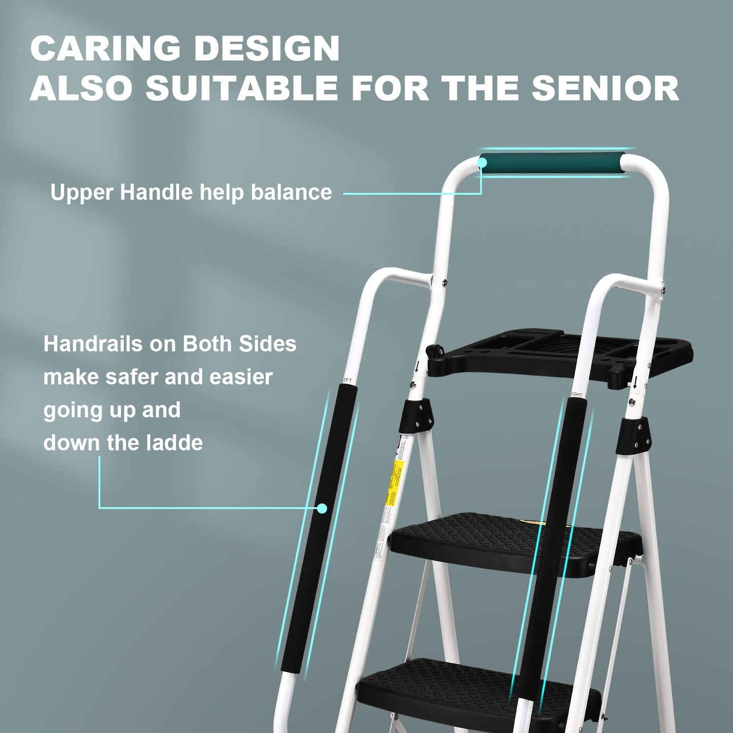 SocTone 5 Step Ladder with Handrails, Folding Step Stool with Tool Platform, Sturdy& Portable Steel Ladder for Adults, 330LBS Capacity Ladder for Home Kitchen Library Office, White
