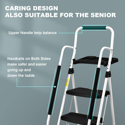 SocTone 5 Step Ladder with Handrails, Folding Step Stool with Tool Platform, Sturdy& Portable Steel Ladder for Adults, 330LBS Capacity Ladder for Home Kitchen Library Office, White