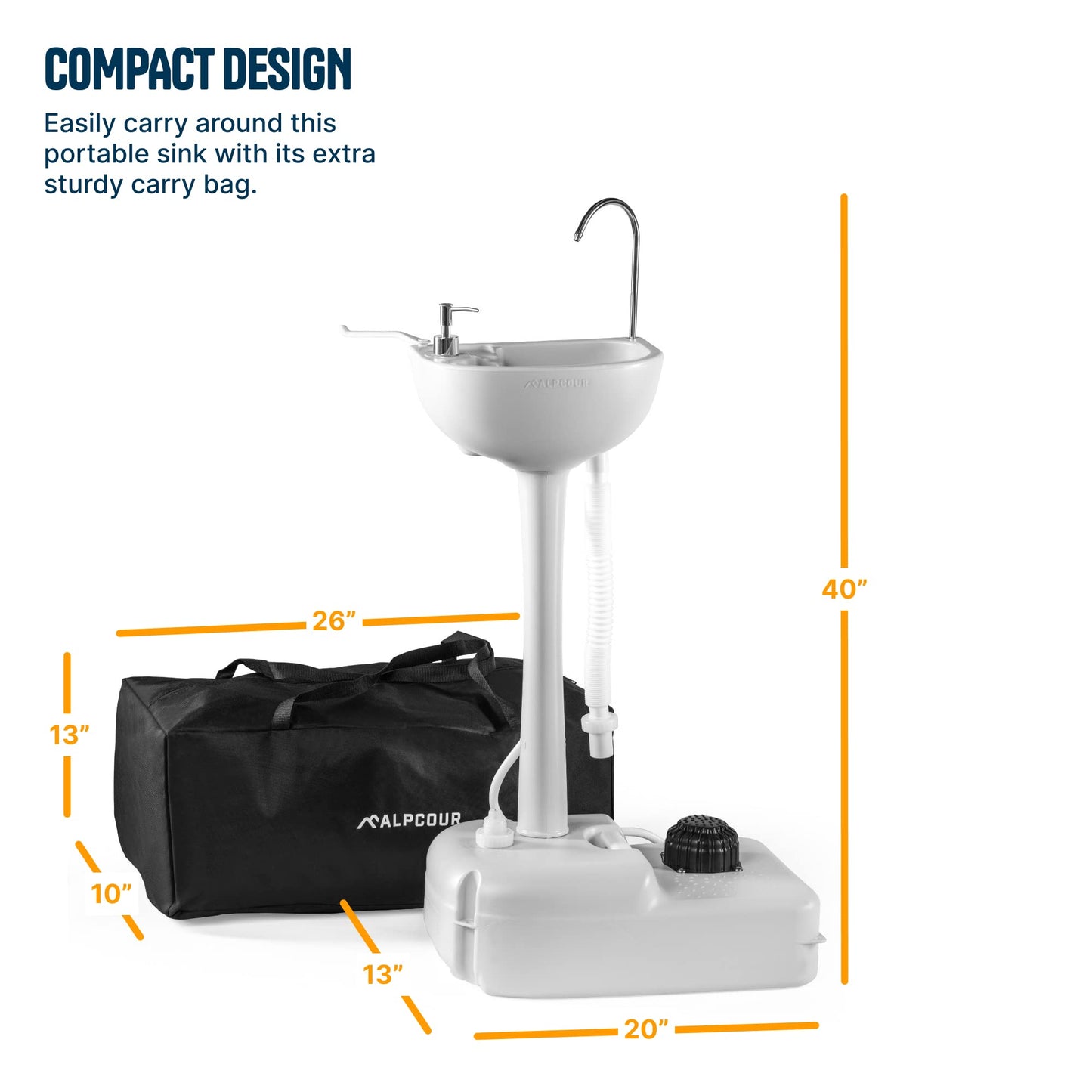 Alpcour Portable Camping Sink – Indoor/Outdoor Travel Hygiene Station with Basin, Running Faucet, Soap Dispenser, Towel Rack, Drain Hose, Hands-Free Foot Pump, Stakes & Carry Bag – 17L Water Capacity