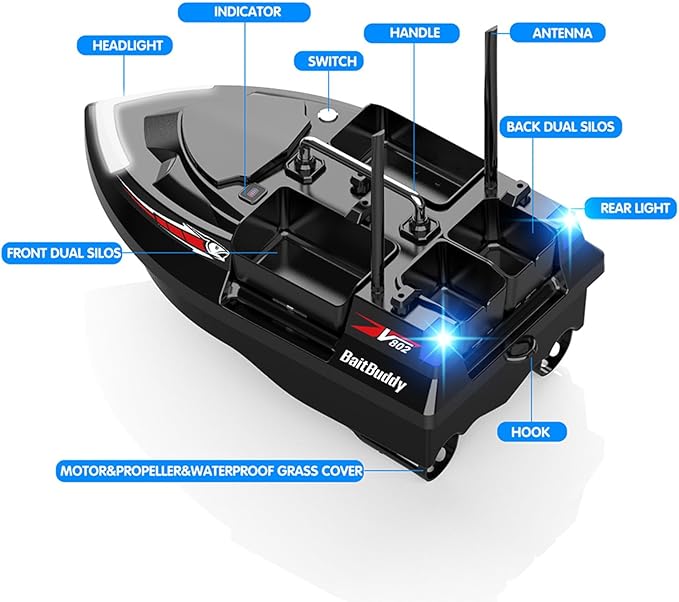 RC Bait Boat for Fishing with 4 Bait Containers 1640FT Remote Range Line Drop Cruise Control Dual 5200mAh Batteries LED Lights Hook Release &amp Carry Bag (Black)