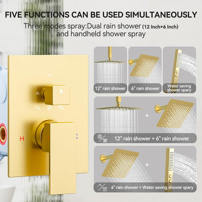 Brushed Gold Shower System Shower Faucet Set, STARBATH 6"+12" Ceiling Mount Rain Shower Head and Handheld Spray for Two Person, Shower Faucet Set with Diverter Valve and Trim Kit Complete