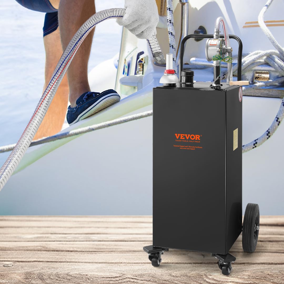 VEVOR Fuel Caddy 30 Gallon, Portable Gas Caddy Fuel Storage Tank with 4 Wheels & Manual Transfer Pump, Gasoline Diesel Fuel Container for Cars, Lawn Mowers, ATVs, Boats, Black