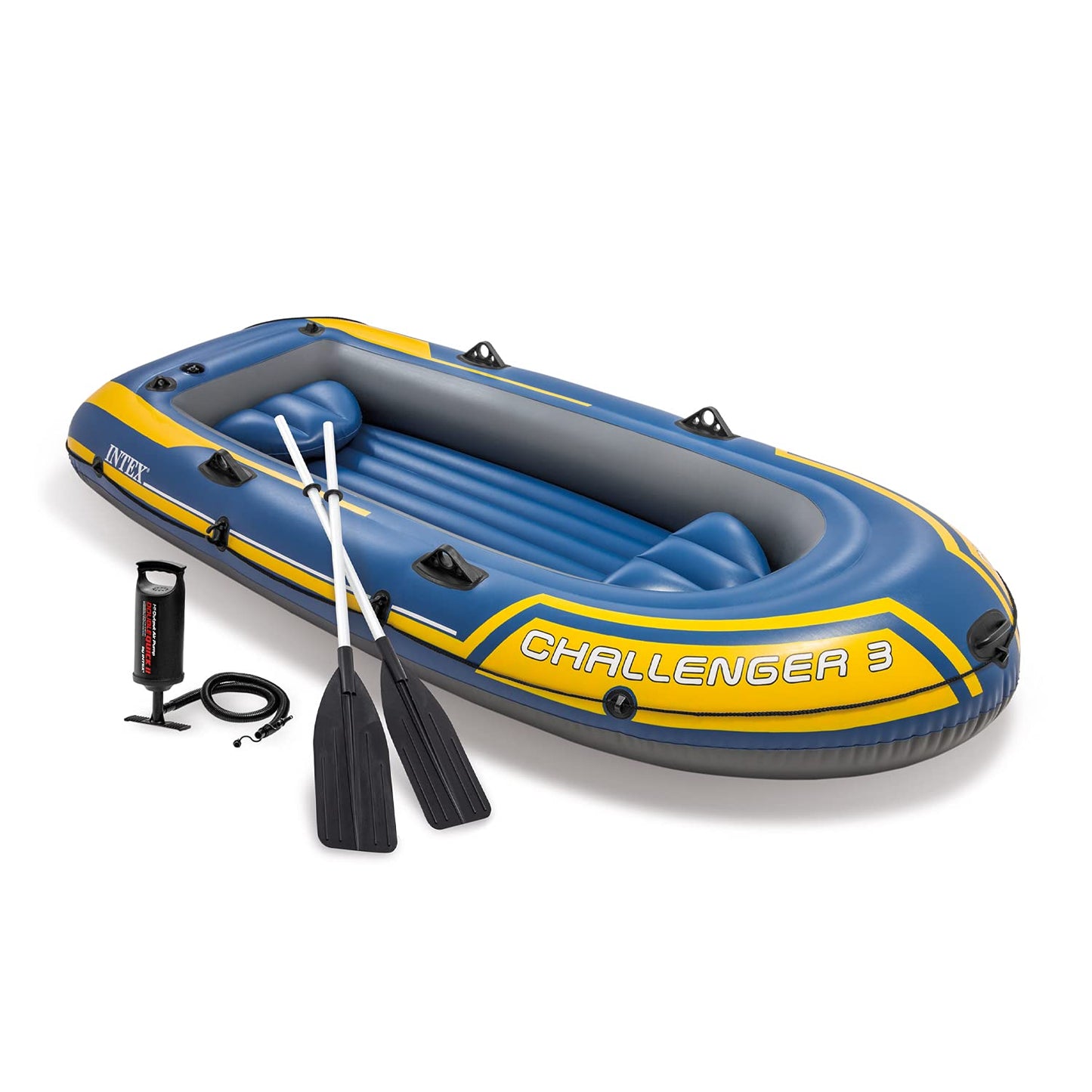 INTEX 68370EP Challenger 3 Inflatable Boat Set: Includes Deluxe 48in Boat Oars and High-Output Pump – Triple Air Chambers – Welded Oar Locks – 3 Person – 660lb Weight Capacity