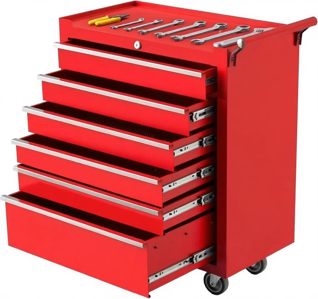 GarveeLife Red Rolling Tool Cabinet, 5-Drawer Tool Storage Cart with Wheels, Portable Tool Chest Organizer with Lock, Drawer Liners, Tool Cart for Garage or Workshop