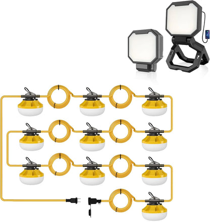 HYPERLITE 1pack LED Construction String Lights 100FT Bundle 2pack Rechargeable Work Light for Job Site Workshop Garage