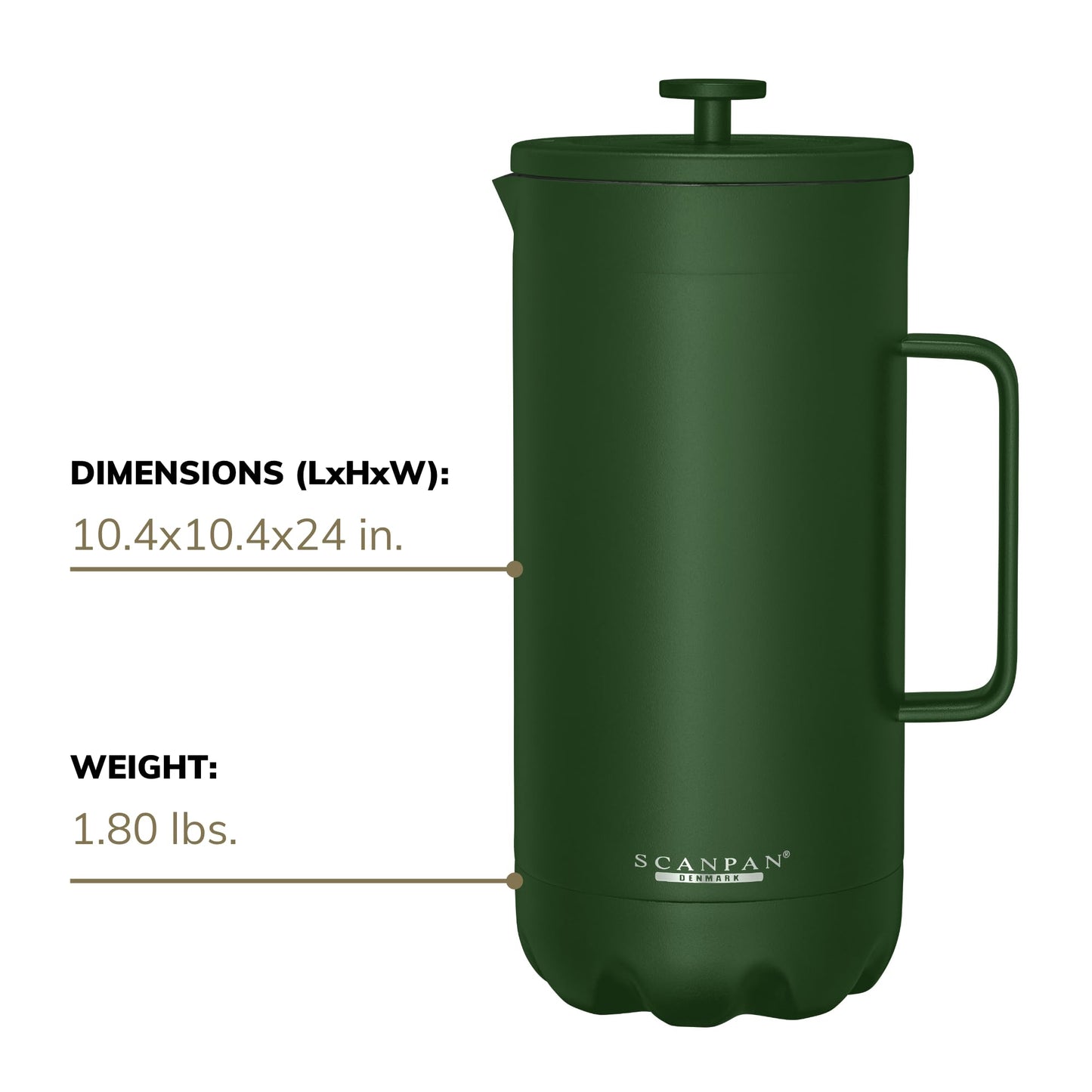 Scanpan TO GO French Press Coffee Maker 1.0L (Forest Green) + 2 Vacuum Cups 350 mL (Forest Green) - 18/8 Food Grade Stainless Steel - Scratch-Free Coating - Dishwasher Safe