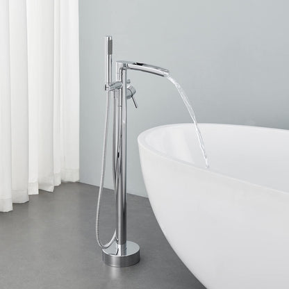 Wowkk Waterfall Freestanding Bathtub Faucet Chrome Floor Mount Tub Filler Brass Single Handle Bathroom Faucets with Hand Shower