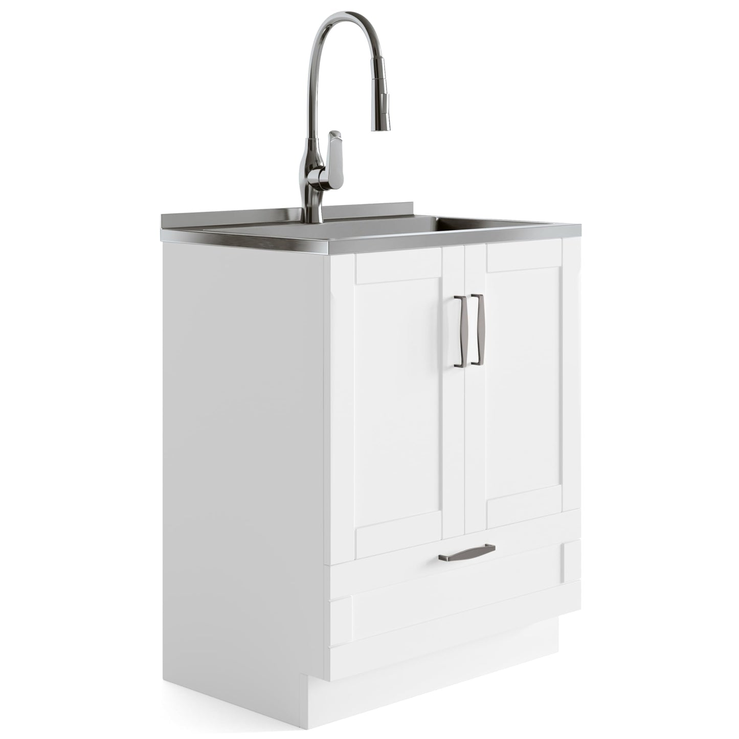 SIMPLIHOME Reed All-in-One 28 inch Wide Utility Sink and Laundry Cabinet in Pure White Finish, Transitional Stainless Steel Sink Cabinet for Laundry Rooms with High-Arch Chrome Faucet and Storage