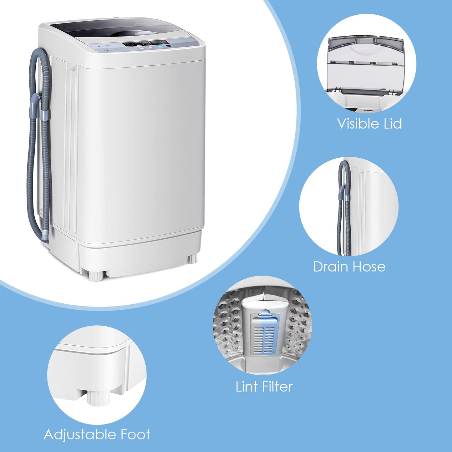 Giantex Washing Machine Portable Compact 12lbs Capacity Full-Automatic W/Drain Pump,10 programs 8 Water Level 1.34 Cu.ft Cloth Washer and Spinner