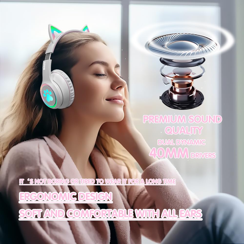 Mokata Gaming Bluetooth 5.0 Wireless Headphones Over Ear Cat Led Light Foldable Music Headset with Aux 3.5mm Microphone (Built-in) for Adult & Kids PC TV Game Music Pad Laptop Cellphone White