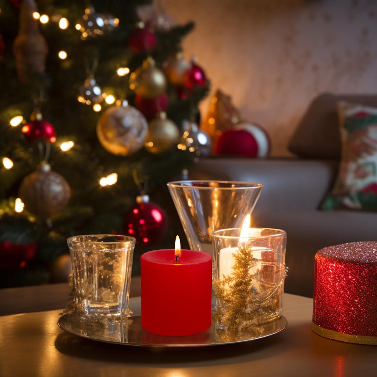 3" x 3" Hand-Poured Unscented Red Candle, Dripless Pillar Candle Set of 3, Long Clean Burning, Approx 40 Hours Burn Time, Rustic Country Style, Christmas, Wedding, Dinner and Home Decor