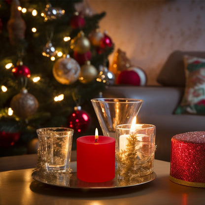 3" x 3" Hand-Poured Unscented Red Candle, Dripless Pillar Candle Set of 3, Long Clean Burning, Approx 40 Hours Burn Time, Rustic Country Style, Christmas, Wedding, Dinner and Home Decor