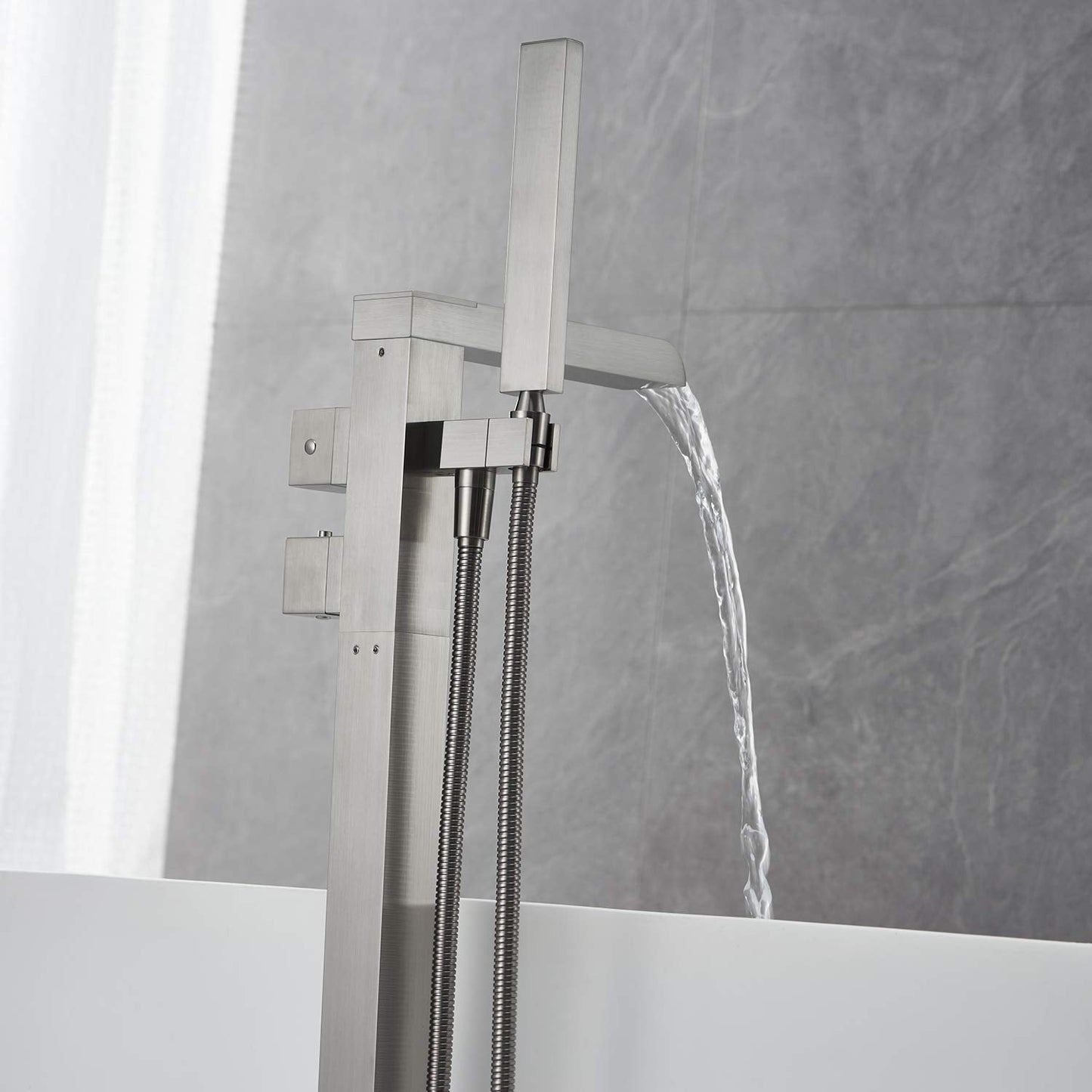 Wowkk Thermostatic Freestanding Bathtub Faucet Waterfall Tub Filler Brushed Nickel Floor Mount Brass Bathroom Faucets with Hand Shower