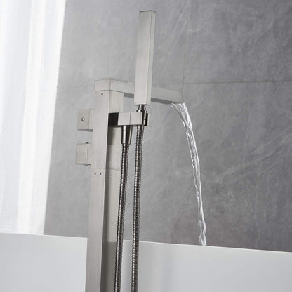 Wowkk Thermostatic Freestanding Bathtub Faucet Waterfall Tub Filler Brushed Nickel Floor Mount Brass Bathroom Faucets with Hand Shower