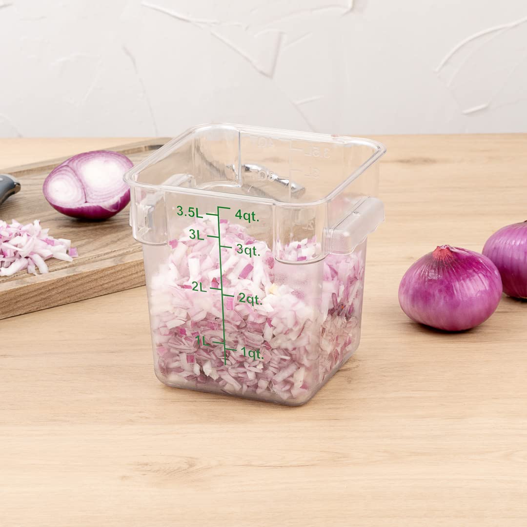 Restaurantware Met Lux 4 Quart Brine Buckets 10 Square Marinating Containers - With Volume Markers Built-In Handles Clear And Green Plastic Dough Rising Buckets Freezer-Safe Lids Sold Separately