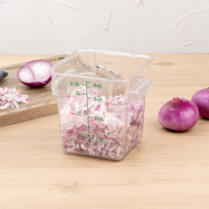 Restaurantware Met Lux 4 Quart Brine Buckets 10 Square Marinating Containers - With Volume Markers Built-In Handles Clear And Green Plastic Dough Rising Buckets Freezer-Safe Lids Sold Separately