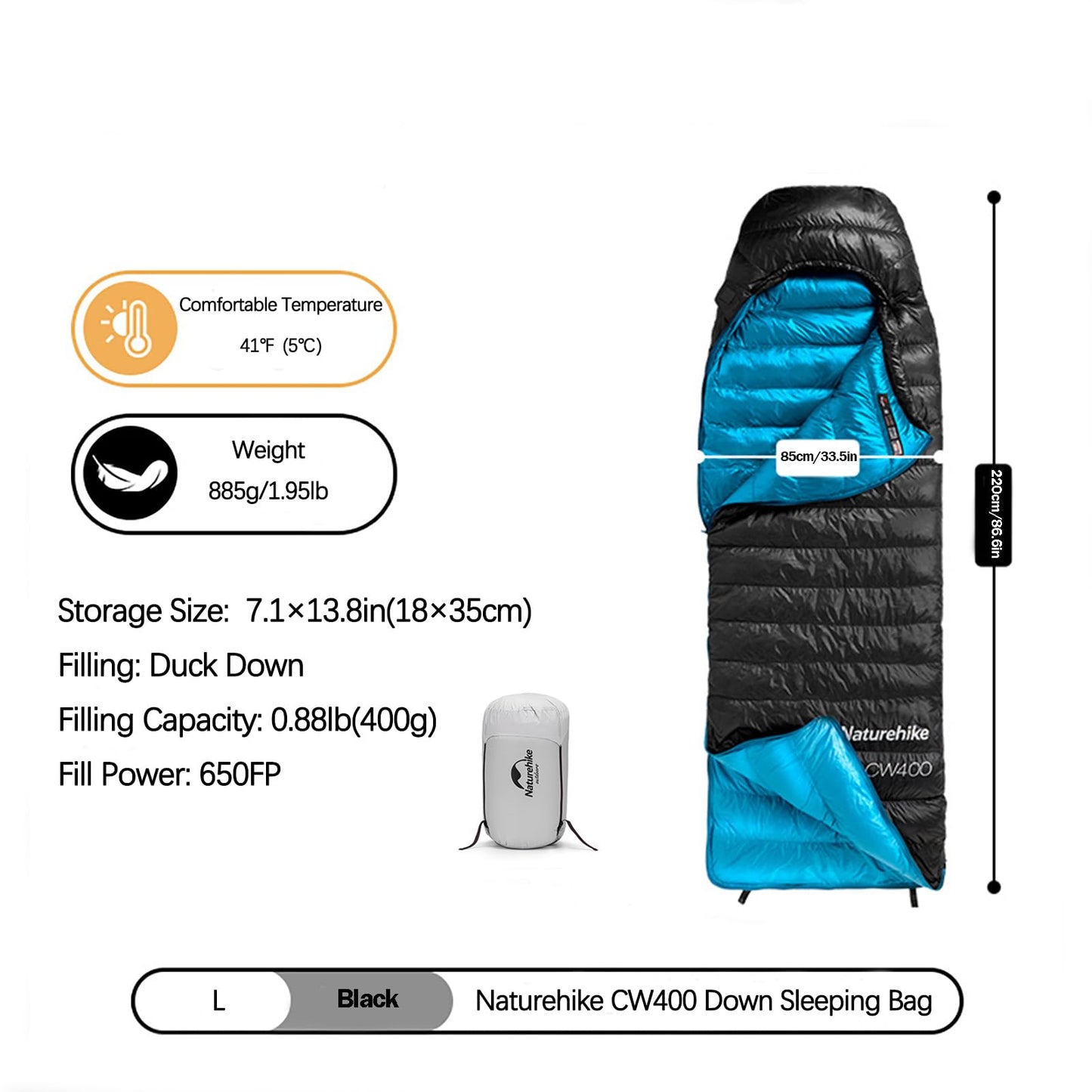 Naturehike Ultralight Down Cold Weather Sleeping Bag, 650FP Compact Sleeping Bag 3-4 Season for Adults & Kids, Backpacking, Camping, Hiking, Traveling with Compression Sack (Black, Large)