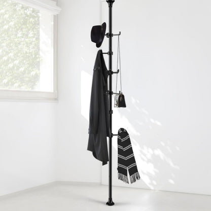 Sempicad Coat Rack Freestanding, 56 to 125 inch Adjustable Tension Rod Hanger with 12 Hooks for Hanging Coat, Plant,Jacket, Hat, Scarf, Suitable for Living Room, Balcony, Kitchen Black