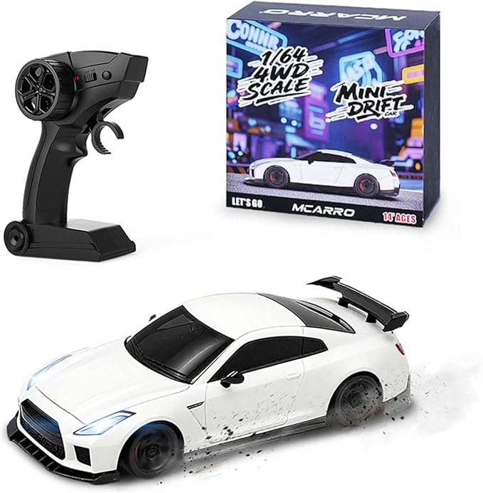 1/64 Scale RC Drift Car - 2.4GHz Half-Scale Remote Control 4WD High-Speed Mini Remote Control Car with Racing Lights (White)