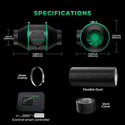 MARS HYDRO 4 Inch Air Filtration Kit, Inline Duct Fan with iControl Temperature & Humidity Controller, App Remote Control, Carbon Filter Combo +25Ft Ducting, Grow Tent Hydroponics Ventilation System