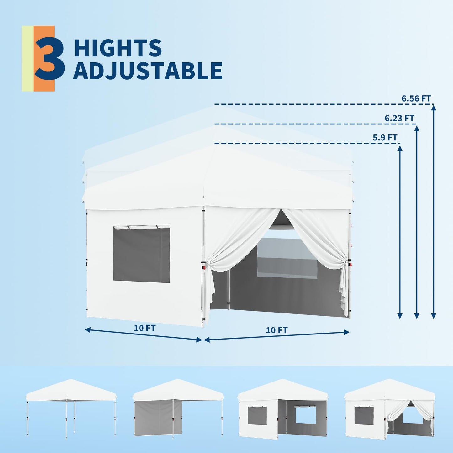 GarveeLife 10x10 Pop Up Canopy with 4Pcs Sidewalls Easy Up Camping Tent Outdoor Canopy with One Button Push Setup 1 Roller Bag 3 Adjustable Height 4 Weight Bags (White)