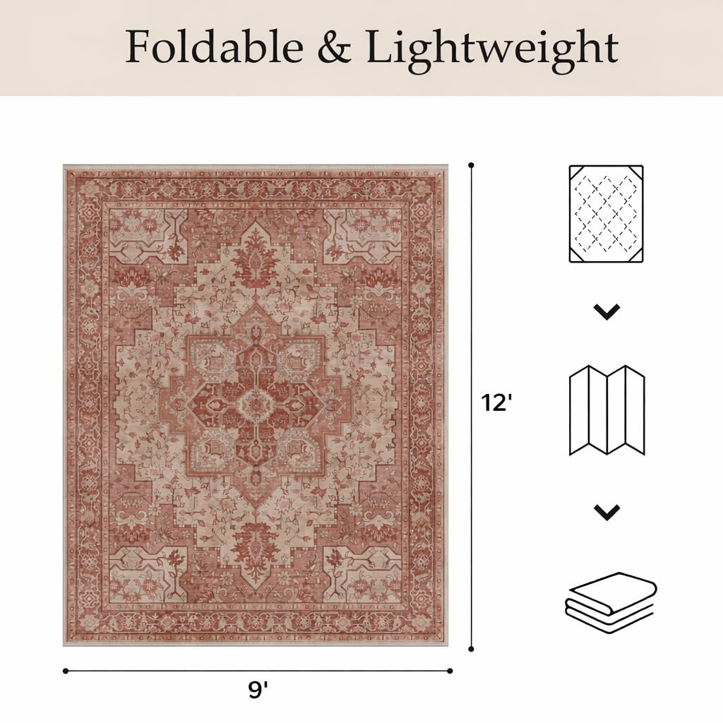 GENIMO Outdoor & Indoor Area Rug 9'x12', Waterproof, Non-Shedding, Easy Cleaning, Boho Mat for Patio, Living Room, Balcony, Dining Room, RV, Deck, Bedroom, Camping, Outside Carpet,Brown Red