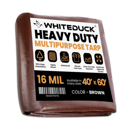 WHITEDUCK Super Heavy Duty Poly Tarp Cover 16 Mil & 10 Mil with Grommets and Reinforced Edges (Brown, White & Silver Black) (Brown- 16 Mil, 40' x 60')