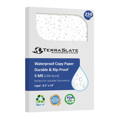 TerraSlate Waterproof Laser Printer Paper, 5 MIL 8.5" x 14", White, 250 Sheets I Rain/Weather/Rip-Proof Printing Paper