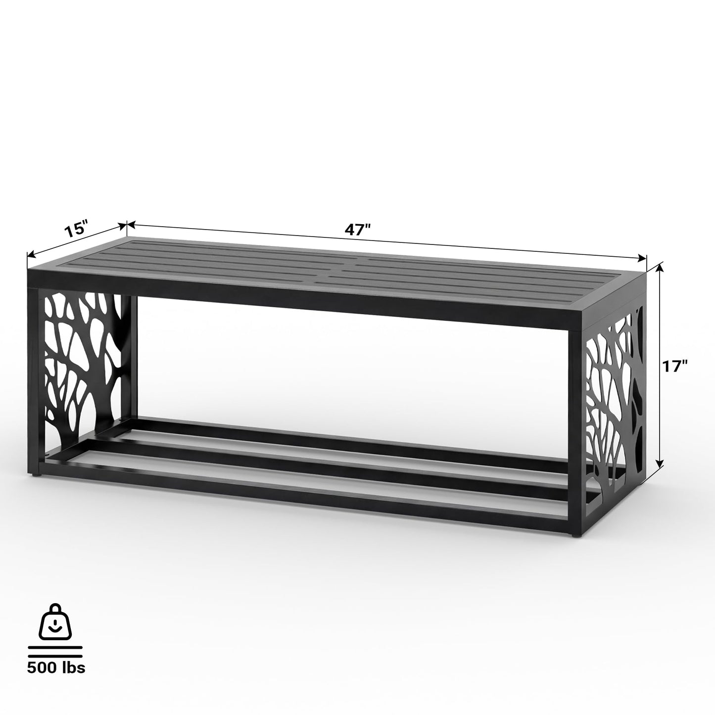 Orbotots 47" Outdoor Garden Bench with Storage Shelf, Modern Black Entryway Bench, Wood-Grain HDPE Seat, Galvanized Steel Frame with Powder Coating for Porch, Yard, Patio, Tree