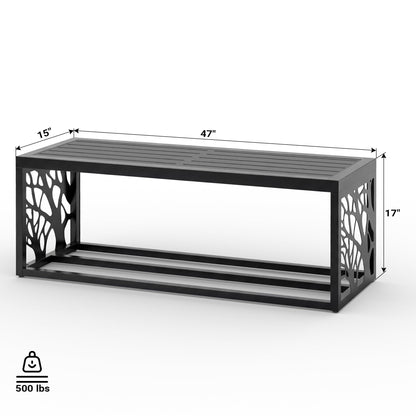Orbotots 47" Outdoor Garden Bench with Storage Shelf, Modern Black Entryway Bench, Wood-Grain HDPE Seat, Galvanized Steel Frame with Powder Coating for Porch, Yard, Patio, Tree
