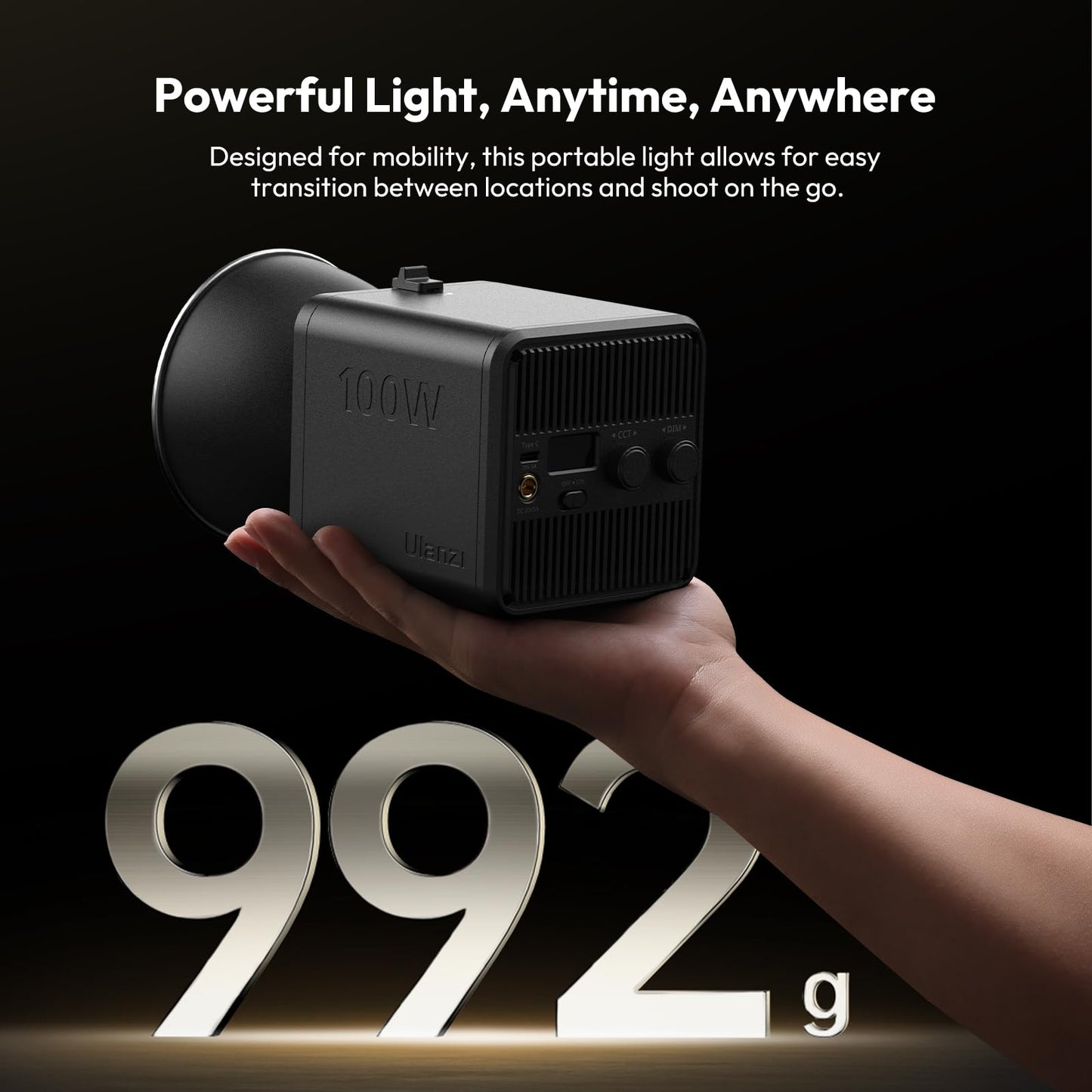 ULANZI 100W RGB Portable LED Video Light w DC Power Adapter, 88.8Wh Build-in Battery Metal Mini Adjustable Color Temperature COB Continuous Output Lighting Handheld Spotlight 2700K-6500K for Video
