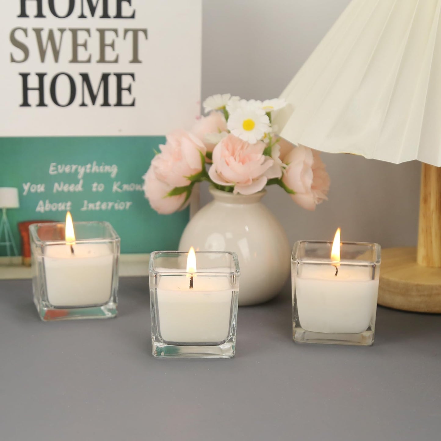 12 Pack White Small Square Glass Candles, Unscented Votive Candles, for Outdoor Dinner Party, Patio, Glamping Essentials, Outside