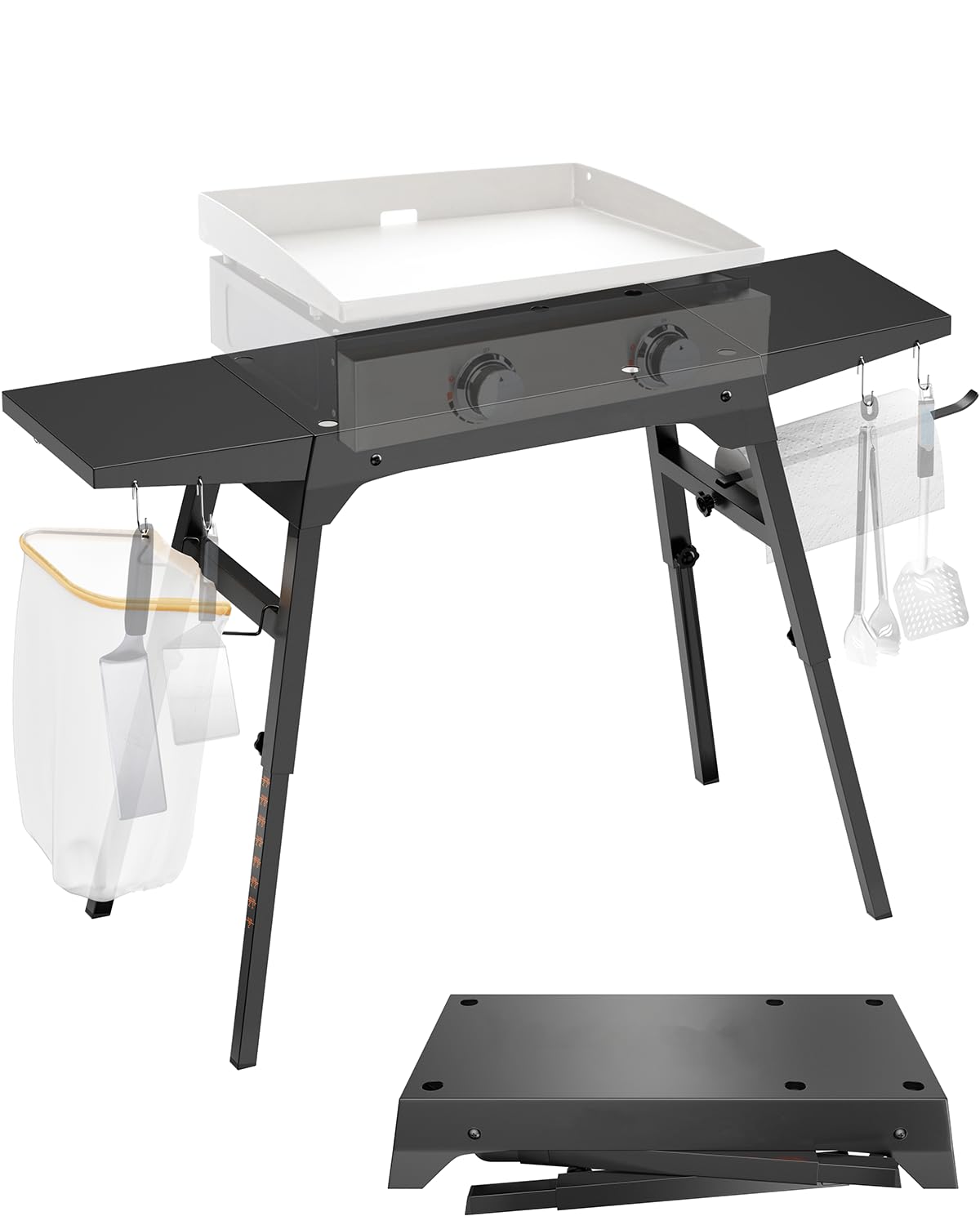 Sivsis Blackstone Griddle Stand for 17”or 22”, Portable Blackstone Grill Stand with Side Shelf, Tool Hooks, Paper Towel Holder and Trash Bag Holder, Grilling Stand for Outdoor Camping Garden Lawns