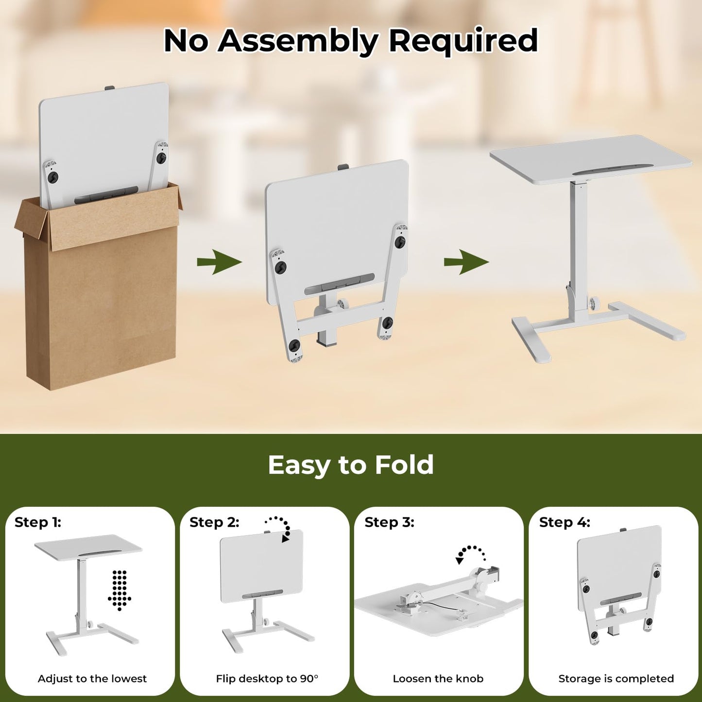 Gibbon Mounts Foldable Standing Desk，Small Mobile Sit-Stand Desk with 90 Tiltable Top，Rolling Rising Laptop Workstation Adjustable Height，Portable Table on Hidden Wheels/4 Lockable Casters，White