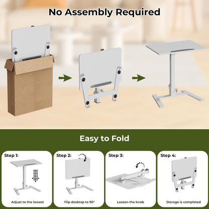 Gibbon Mounts Foldable Standing Desk，Small Mobile Sit-Stand Desk with 90 Tiltable Top，Rolling Rising Laptop Workstation Adjustable Height，Portable Table on Hidden Wheels/4 Lockable Casters，White