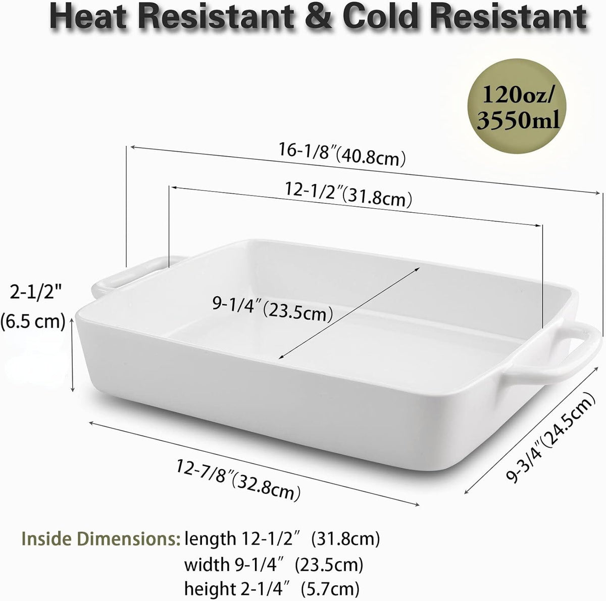 Regine Switzerland Ceramic Baking Dish - Large 9x13 Lasagna Pan with Double Handles for Easy Cooking - White