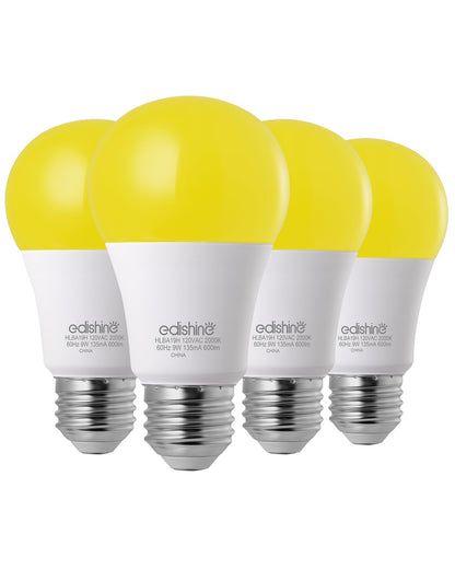 EDISHINE Dusk to Dawn Bug Light Bulbs, 2000K Amber Glow, 9W (60W Equivalent), E26 Base, 4 Pack, UL Listed