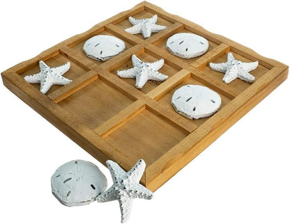 Starfish Tic Tac Toe Game - 9 x 9 - Beach Tic Tac Toe Game - Coastal Beach House Coffee Table Game Board - Tic Tac Toe Decor - Beach House Games - White Starfish &amp Sand Dollars