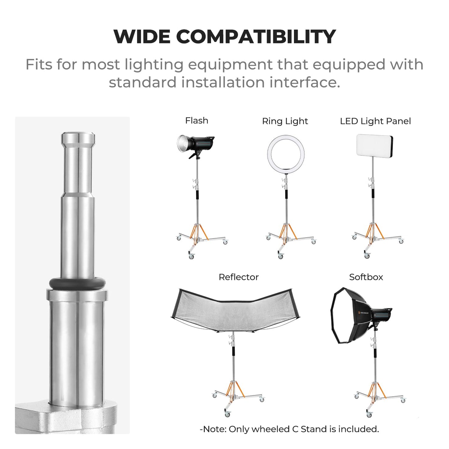 K&F CONCEPT Heavy Duty Light Stand with 360° Swivel Casters & Step-On Brakes, 10ft/305cm Adjustable Stainless Steel Tripod Stand for Studio Photography, Supports COB Lights, Softboxes up to 30kg/66lb