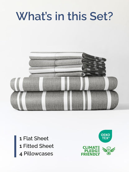 Skiennix Extra Deep King Sheet Set - 6 Piece Breathable Cooling Bedding - Soft Wrinkle-Free Grey Stripes