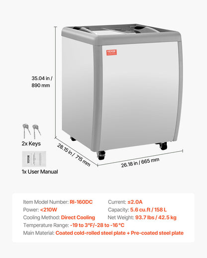 VEVOR Commercial Ice Cream Display Case, 5.6 Cu.ft Chest Freezer, Restaurant Gelato Dipping Cabinet Top Deep Freezer with Locking Casters, Sliding Glass Door, LED Lighting, Hold 4 Ice Cream Tubs